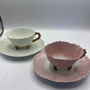 J.P.L. Limoges j Pouyat Pink and White Scalloped Teacup Set with Gold Handles